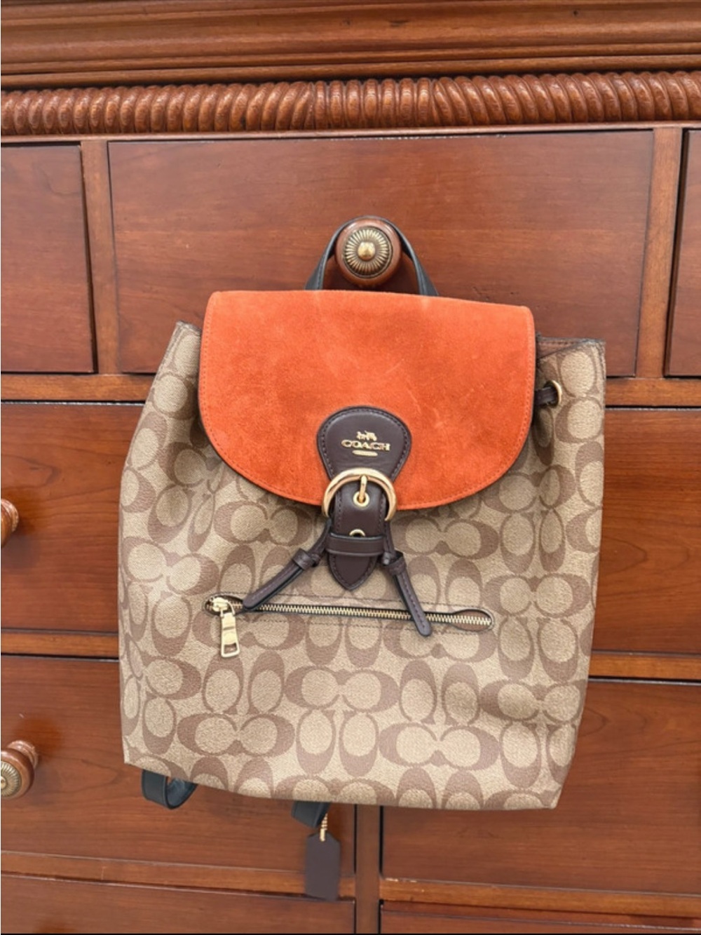 Coach Monogram Canvas Backpack with Orange Suede Flap